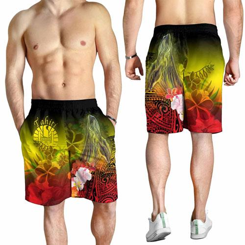 Tahiti Men Shorts - Humpback Whale with Tropical Flowers (Yellow)