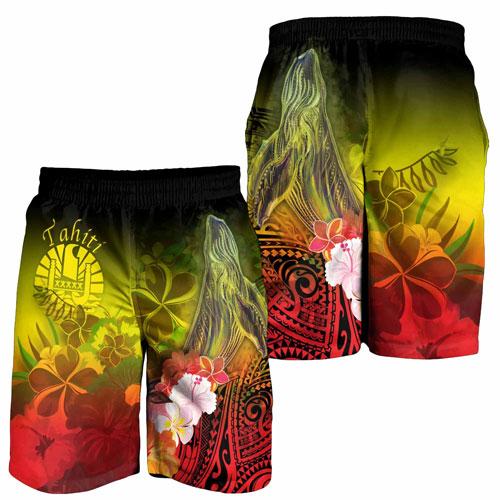 Tahiti Men Shorts - Humpback Whale with Tropical Flowers (Yellow)