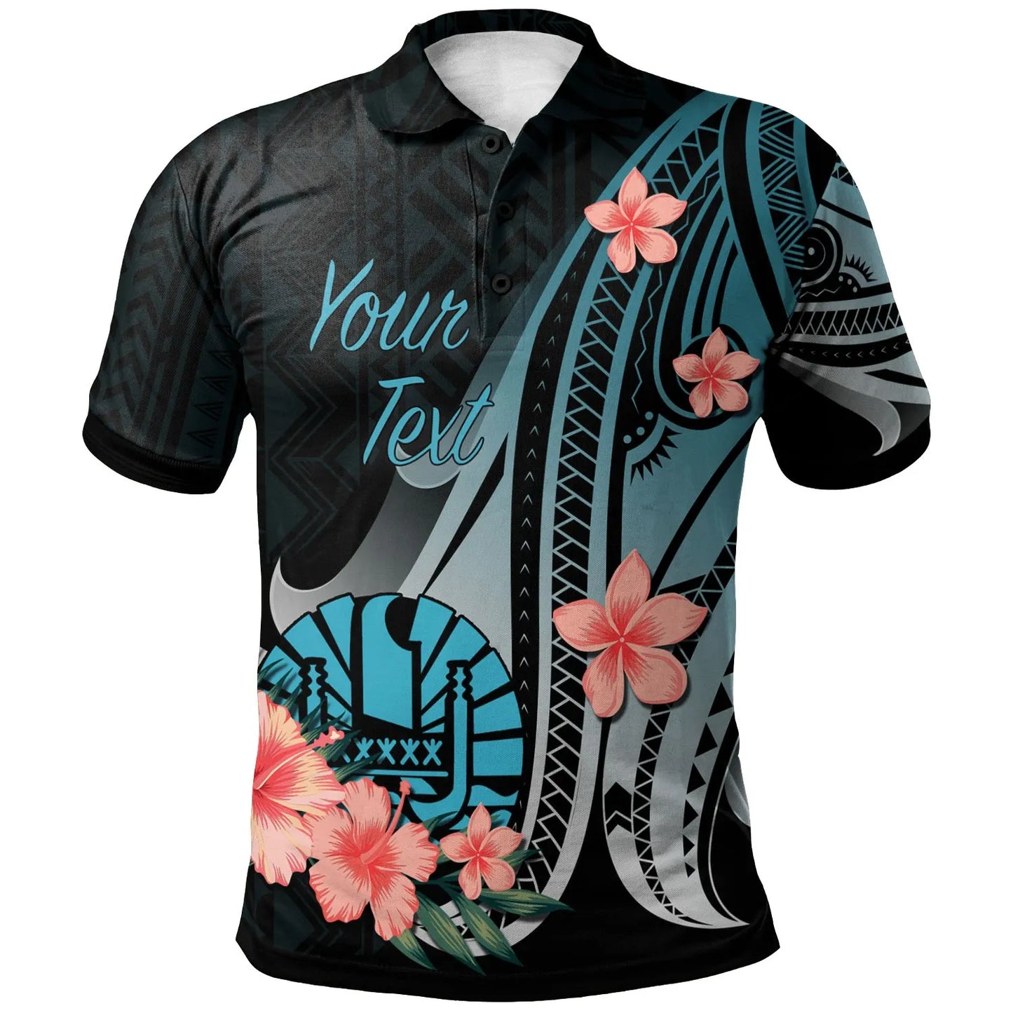Tahiti Personalised Custom Polo Shirt - Turquoise Polynesian Hibiscus Pattern Style