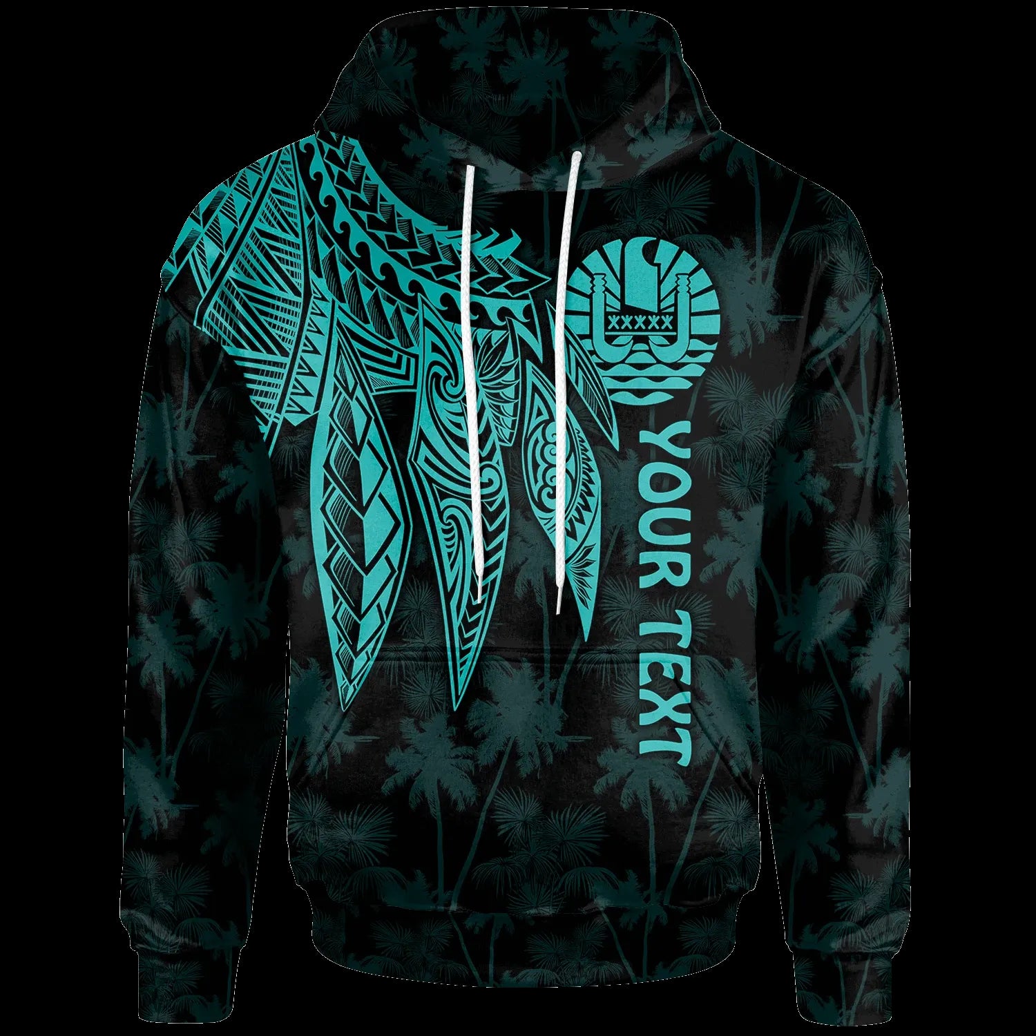 Tahiti Personalised Hoodie - Polynesian Wings (Turquoise)
