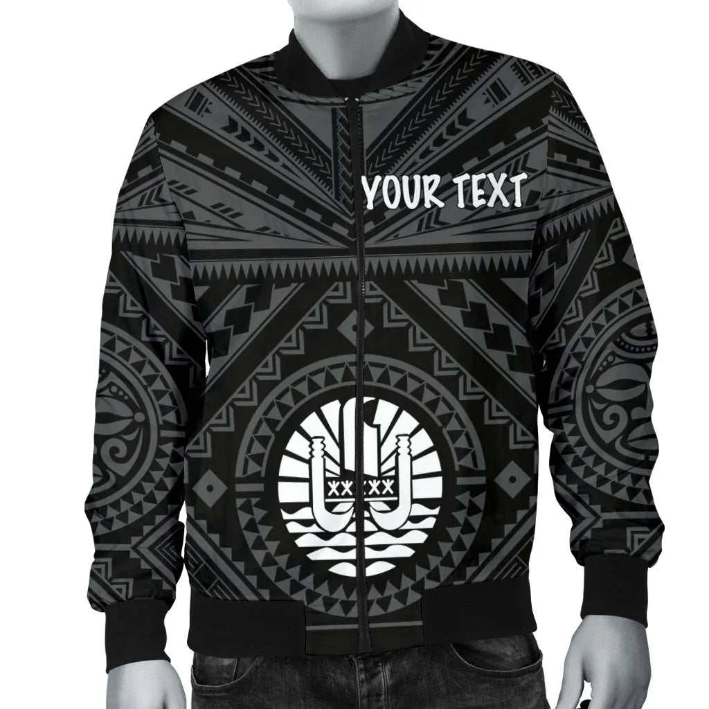 Tahiti Personalised Bomber Jacket - Tahiti Seal In Polynesian Tattoo Style (Black)