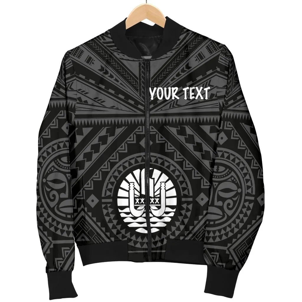 Tahiti Personalised Bomber Jacket - Tahiti Seal In Polynesian Tattoo Style (Black)