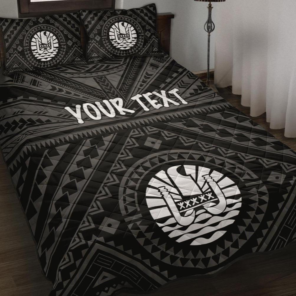 Tahiti Personalised Quilt Bed Set - Tahiti Seal In Polynesian Tattoo Style (Black)