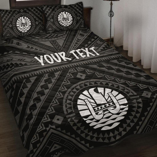 Tahiti Personalised Quilt Bed Set - Tahiti Seal In Polynesian Tattoo Style (Black)