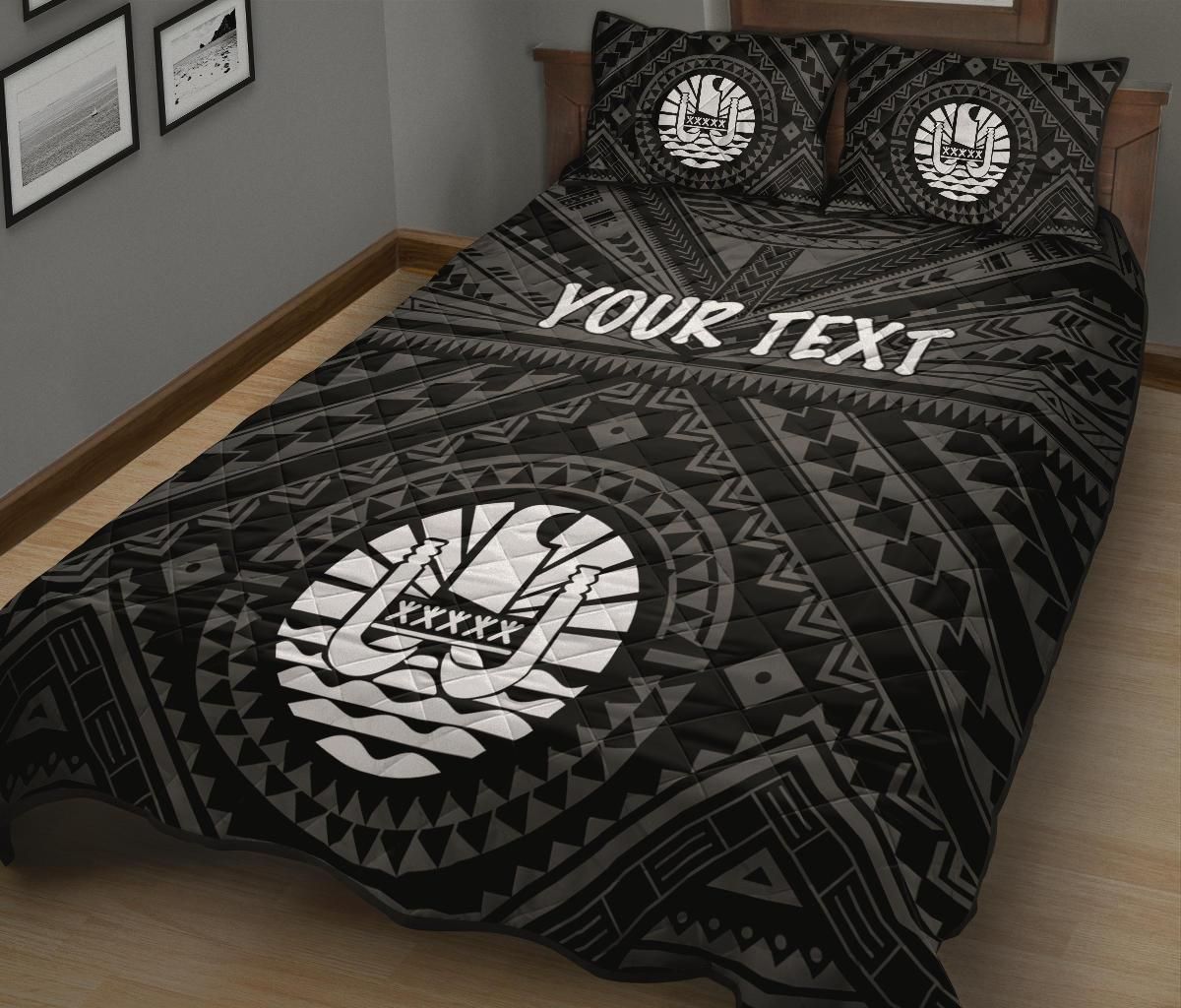 Tahiti Personalised Quilt Bed Set - Tahiti Seal In Polynesian Tattoo Style (Black)