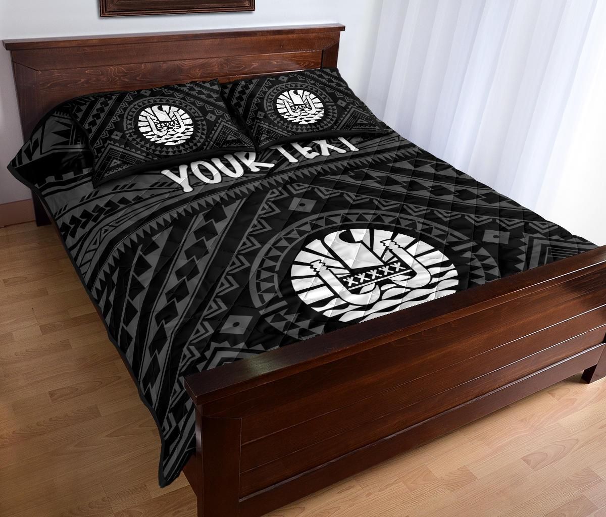 Tahiti Personalised Quilt Bed Set - Tahiti Seal In Polynesian Tattoo Style (Black)