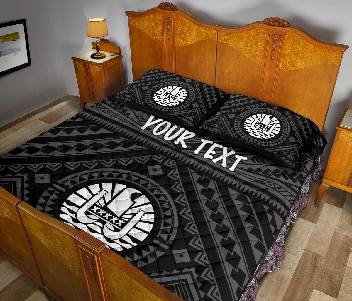Tahiti Personalised Quilt Bed Set - Tahiti Seal In Polynesian Tattoo Style (Black)