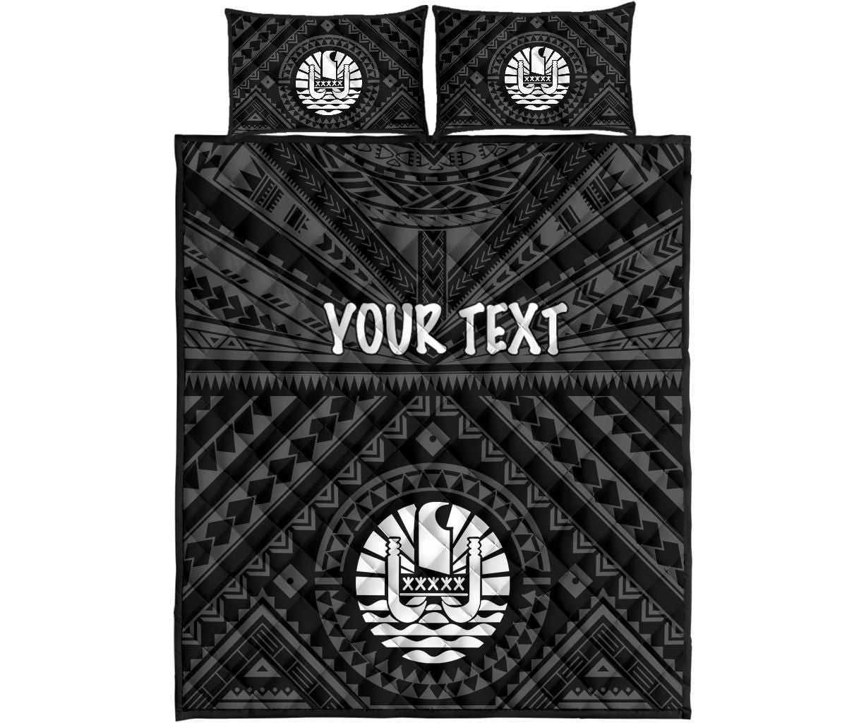 Tahiti Personalised Quilt Bed Set - Tahiti Seal In Polynesian Tattoo Style (Black)