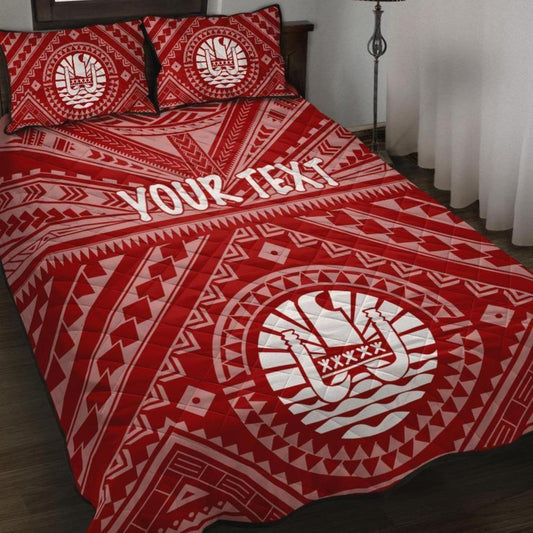 Tahiti Personalised Quilt Bed Set - Tahiti Seal In Polynesian Tattoo Style (Red)