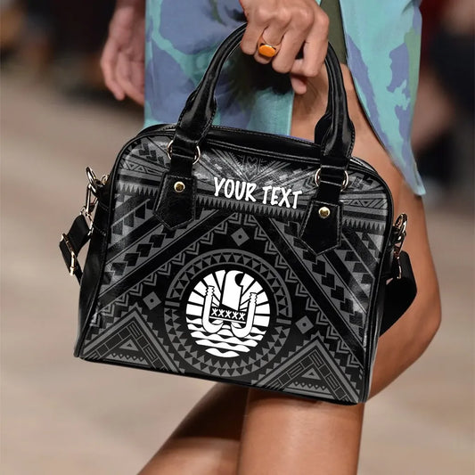 Tahiti Personalised Shoulder Handbag - Tahiti Seal In Polynesian Tattoo Style (Black)