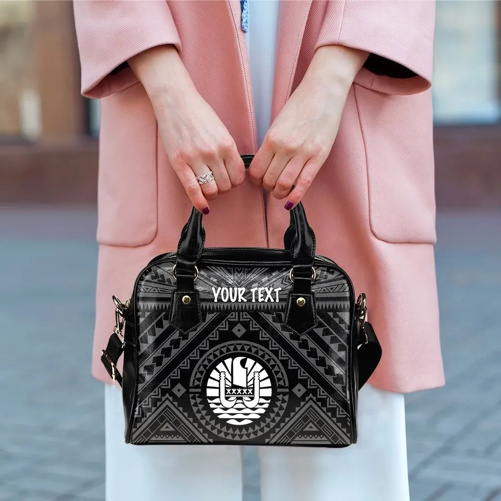 Tahiti Personalised Shoulder Handbag - Tahiti Seal In Polynesian Tattoo Style (Black)
