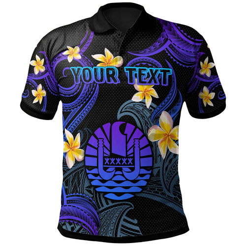Tahiti Polo Shirt - Custom Personalised Polynesian Waves with Plumeria Flowers (Blue)