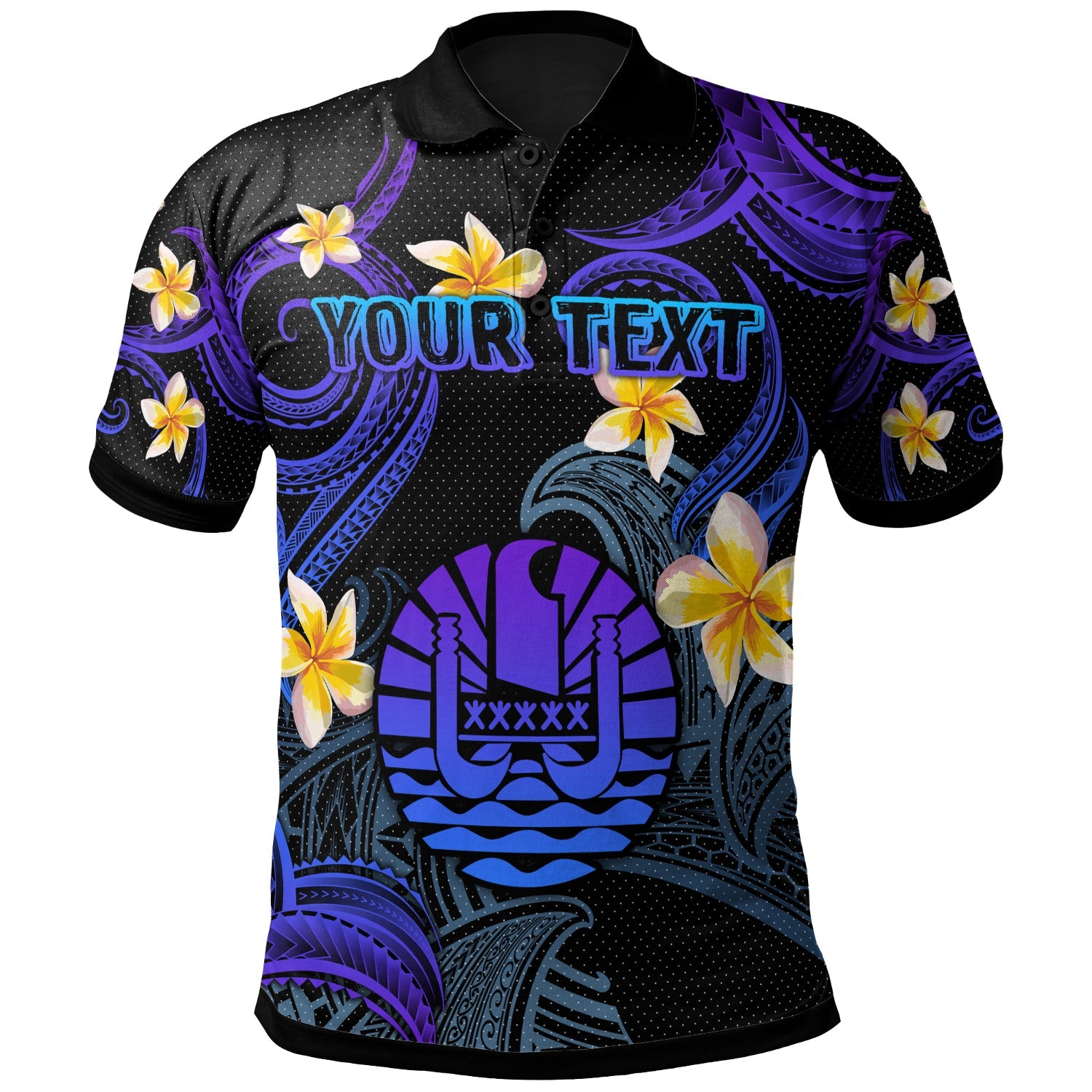 Tahiti Polo Shirt - Custom Personalised Polynesian Waves with Plumeria Flowers (Blue)