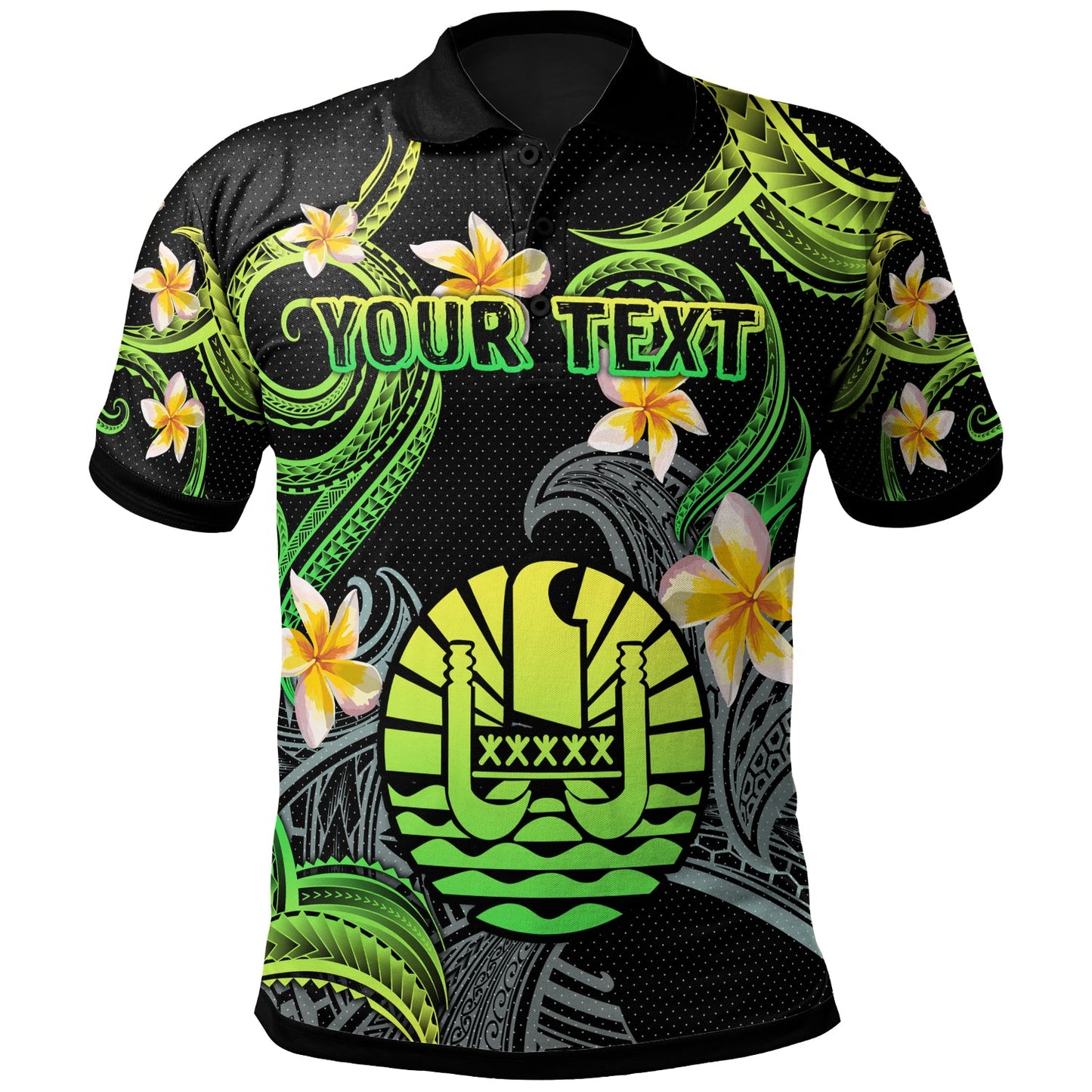 Tahiti Polo Shirt - Custom Personalised Polynesian Waves with Plumeria Flowers (Green)