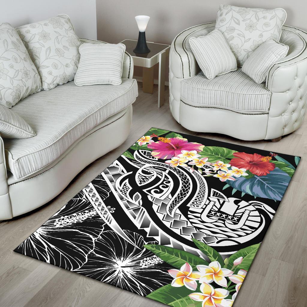 Tahiti Polynesian Area Rug - Summer Plumeria (Black)