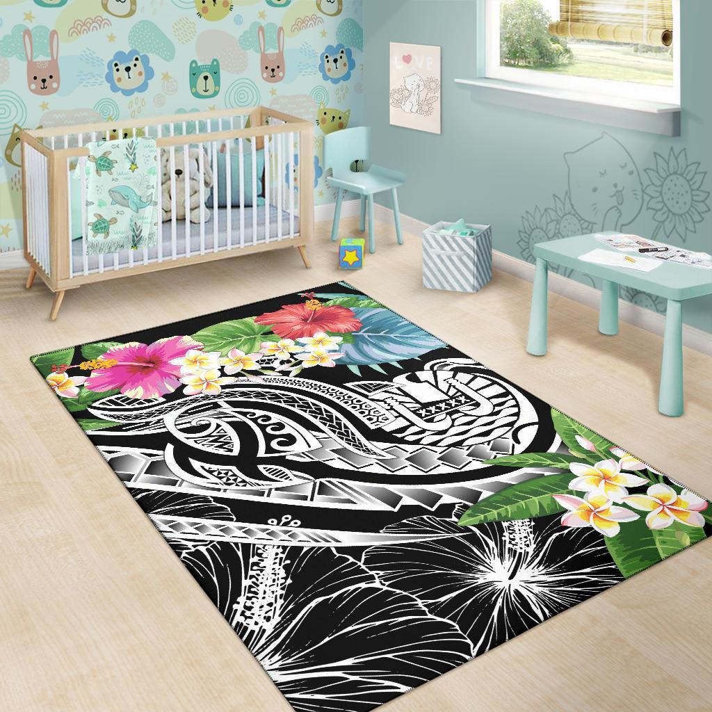 Tahiti Polynesian Area Rug - Summer Plumeria (Black)