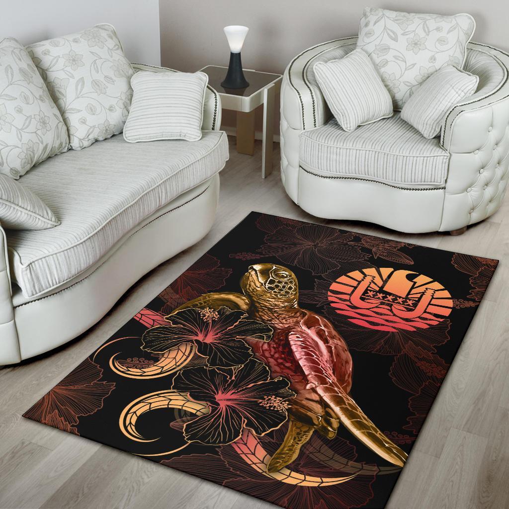 Tahiti Polynesian Area Rugs - Turtle With Blooming Hibiscus Gold
