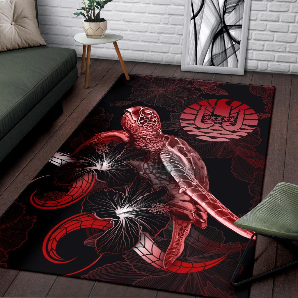 Tahiti Polynesian Area Rugs - Turtle With Blooming Hibiscus Red