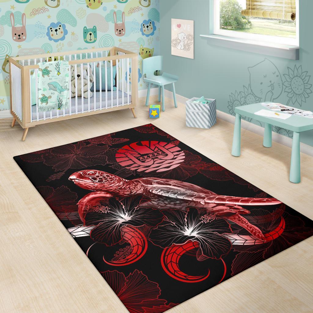 Tahiti Polynesian Area Rugs - Turtle With Blooming Hibiscus Red