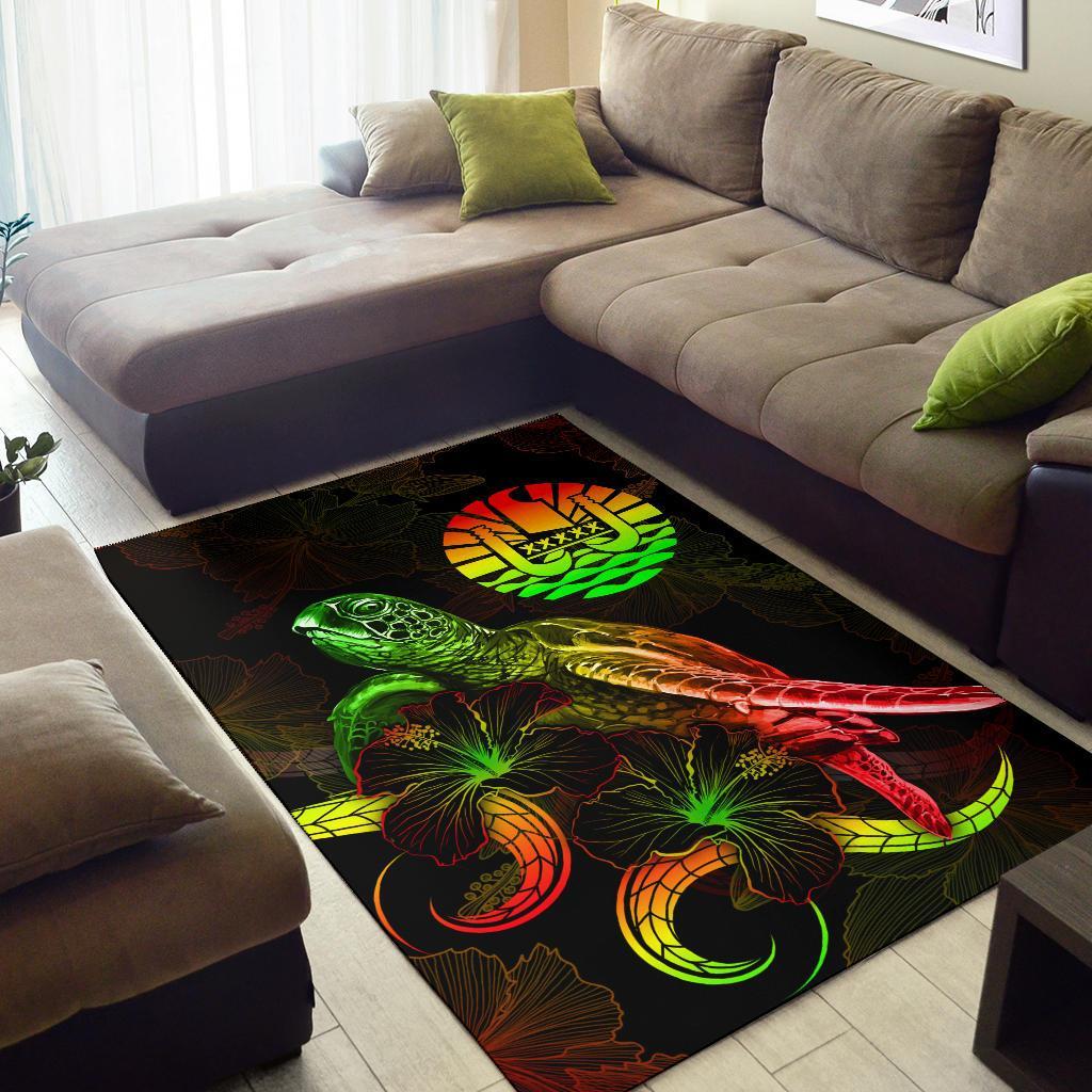 Tahiti Polynesian Area Rugs - Turtle With Blooming Hibiscus Reggae