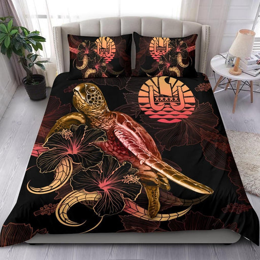 Tahiti Polynesian Bedding Set - Turtle With Blooming Hibiscus Gold