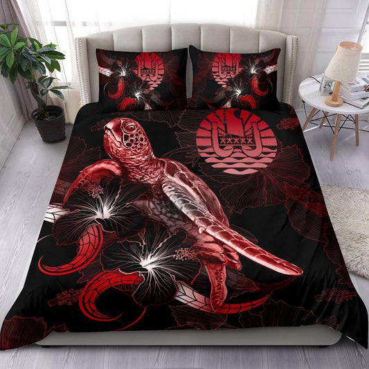 Tahiti Polynesian Bedding Set - Turtle With Blooming Hibiscus Red