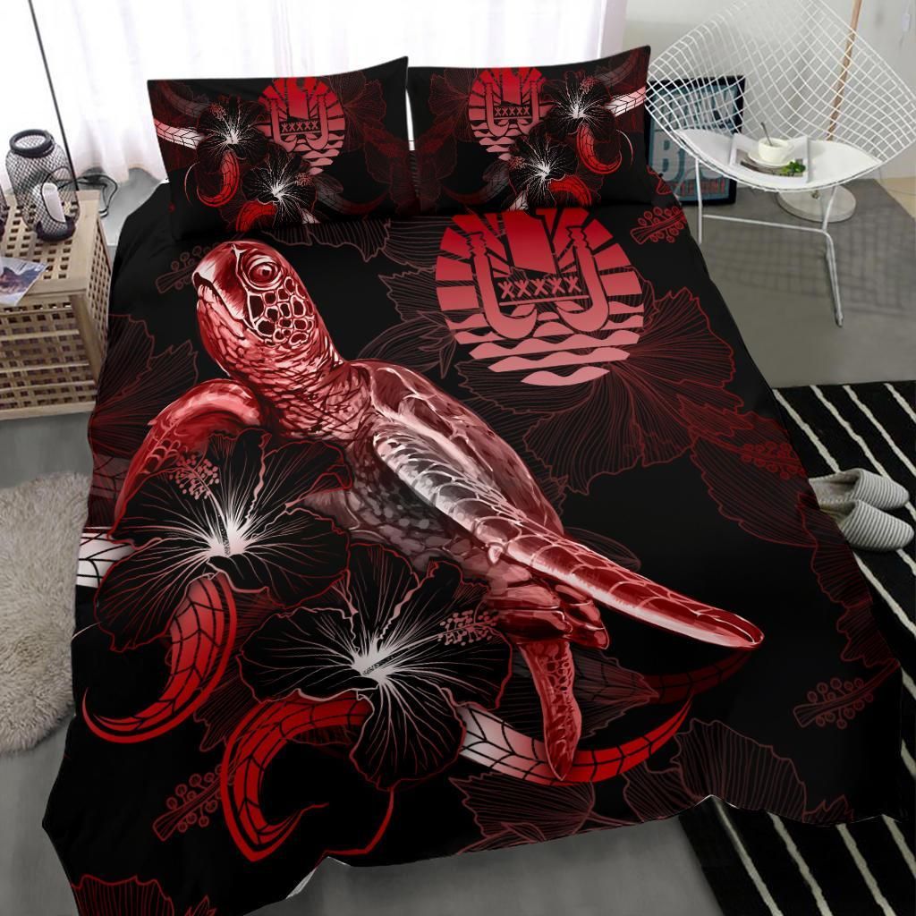Tahiti Polynesian Bedding Set - Turtle With Blooming Hibiscus Red