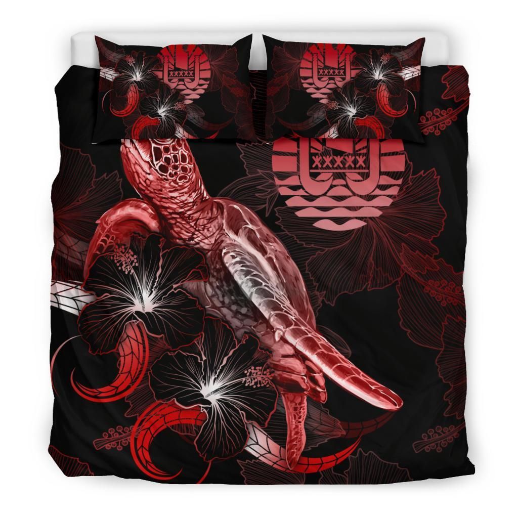 Tahiti Polynesian Bedding Set - Turtle With Blooming Hibiscus Red