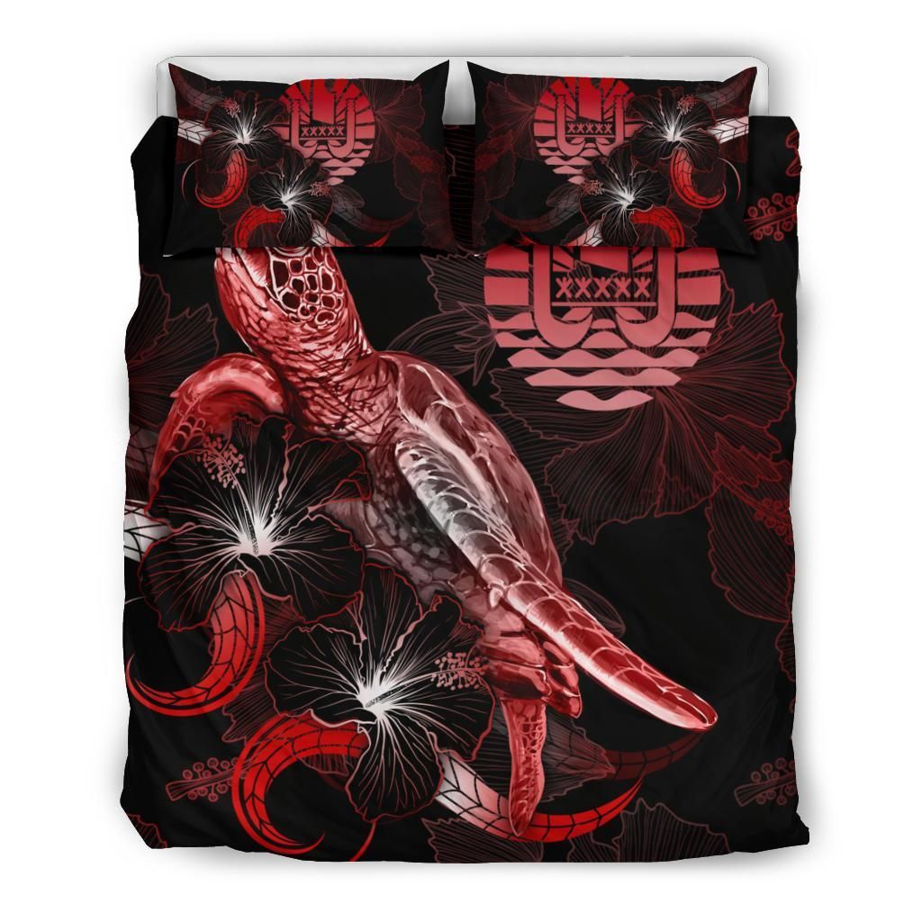 Tahiti Polynesian Bedding Set - Turtle With Blooming Hibiscus Red