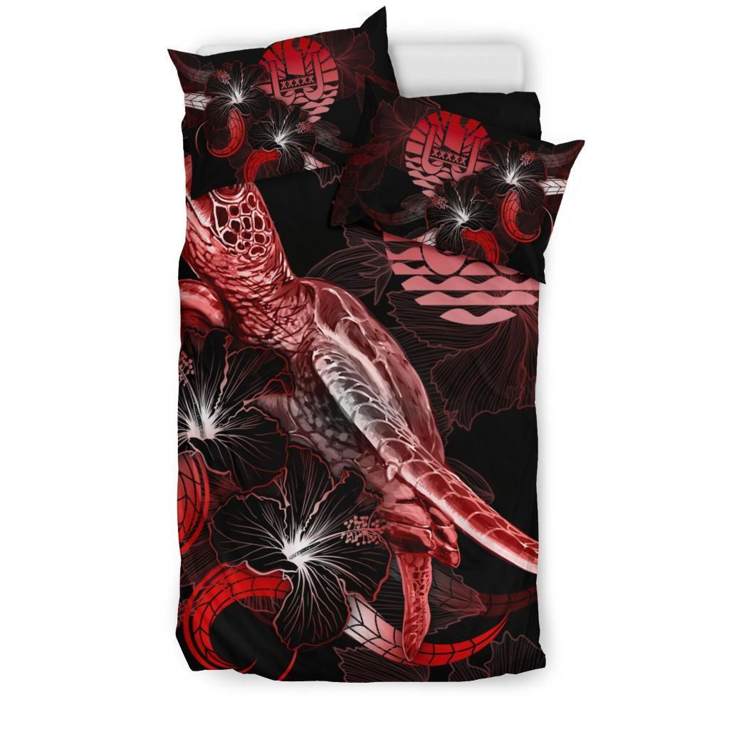 Tahiti Polynesian Bedding Set - Turtle With Blooming Hibiscus Red