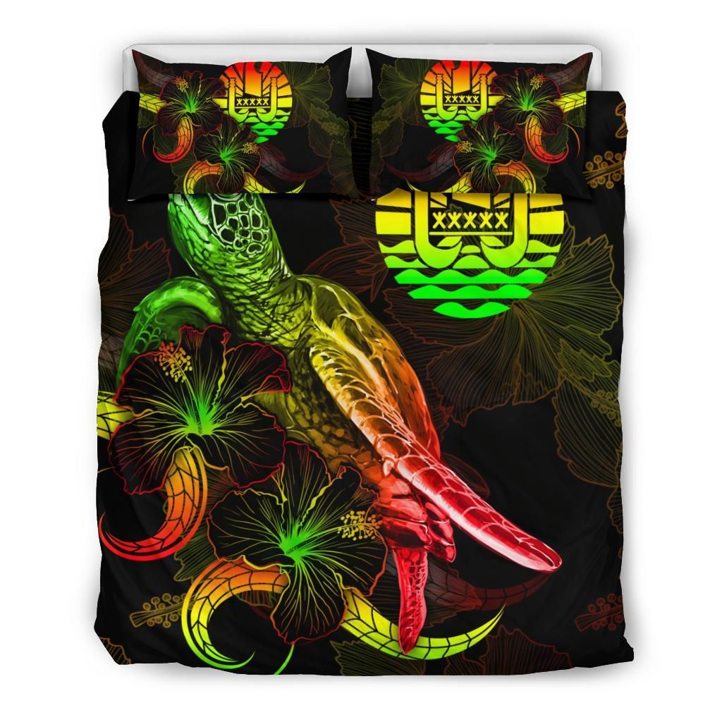 Tahiti Polynesian Bedding Set - Turtle With Blooming Hibiscus Reggae