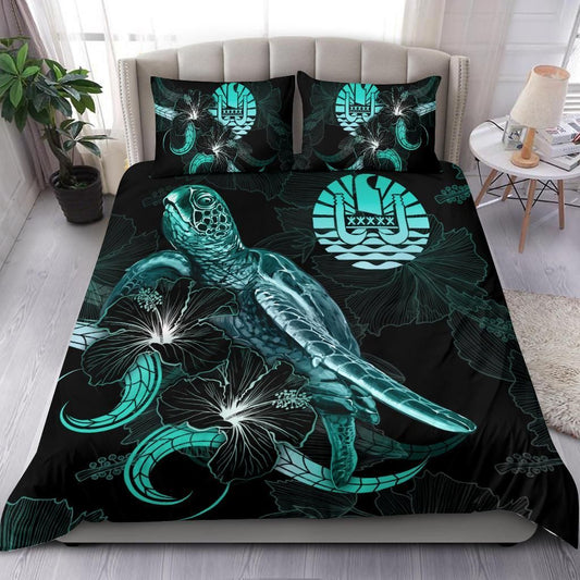 Tahiti Polynesian Bedding Set - Turtle With Blooming Hibiscus Turquoise
