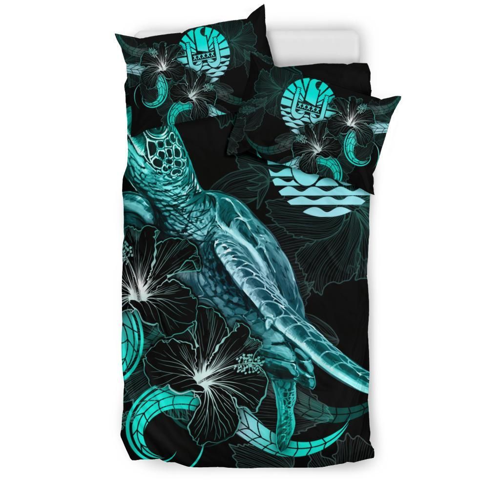 Tahiti Polynesian Bedding Set - Turtle With Blooming Hibiscus Turquoise