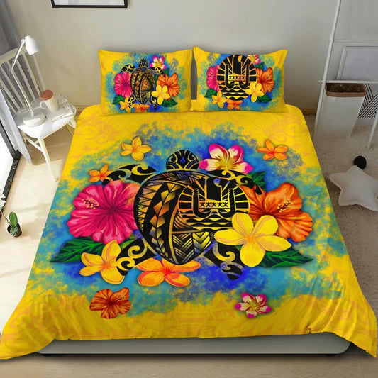 Tahiti Polynesian Bedding Set - Turtle With Plumeria And Hibiscus