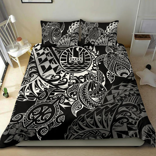 Tahiti Polynesian Bedding Set - White Turtle Hibiscus Flowing