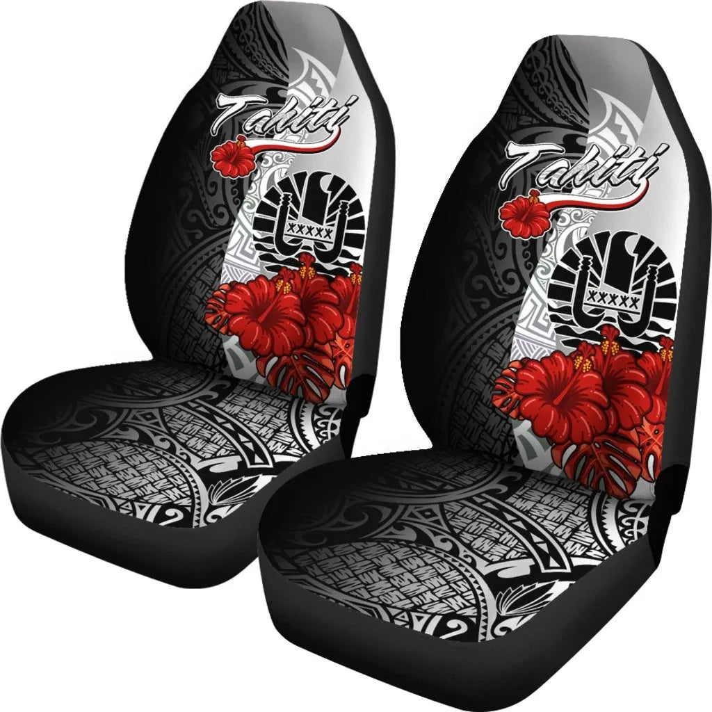 Tahiti Polynesian Car Seat Covers - Coat Of Arm With Hibiscus White