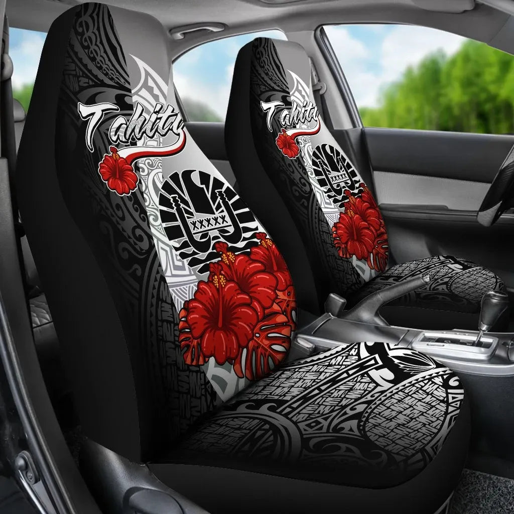 Tahiti Polynesian Car Seat Covers - Coat Of Arm With Hibiscus White