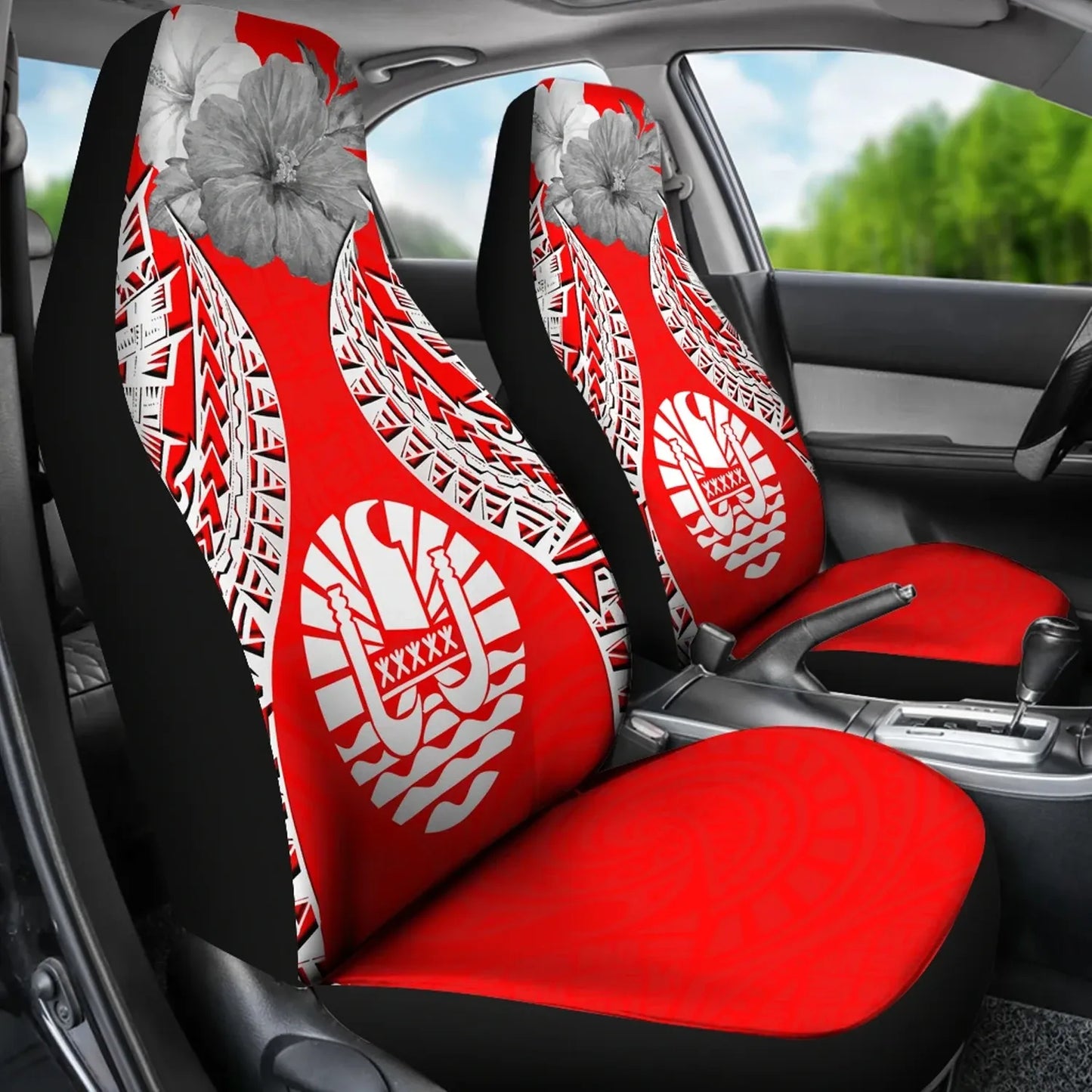 Tahiti Polynesian Car Seat Covers Pride Seal And Hibiscus Red White