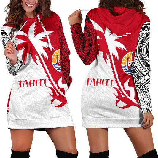 Tahiti Polynesian Hoodie Dress - Tahiti Flag Coconut Tree