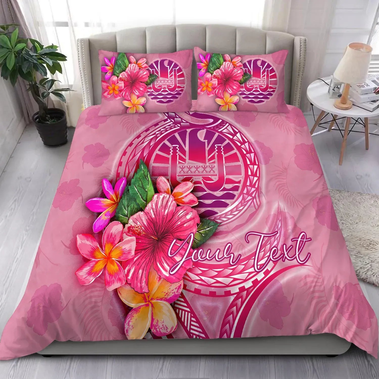 Tahiti Polynesian Custom Personalised Bedding Set - Floral With Seal Pink