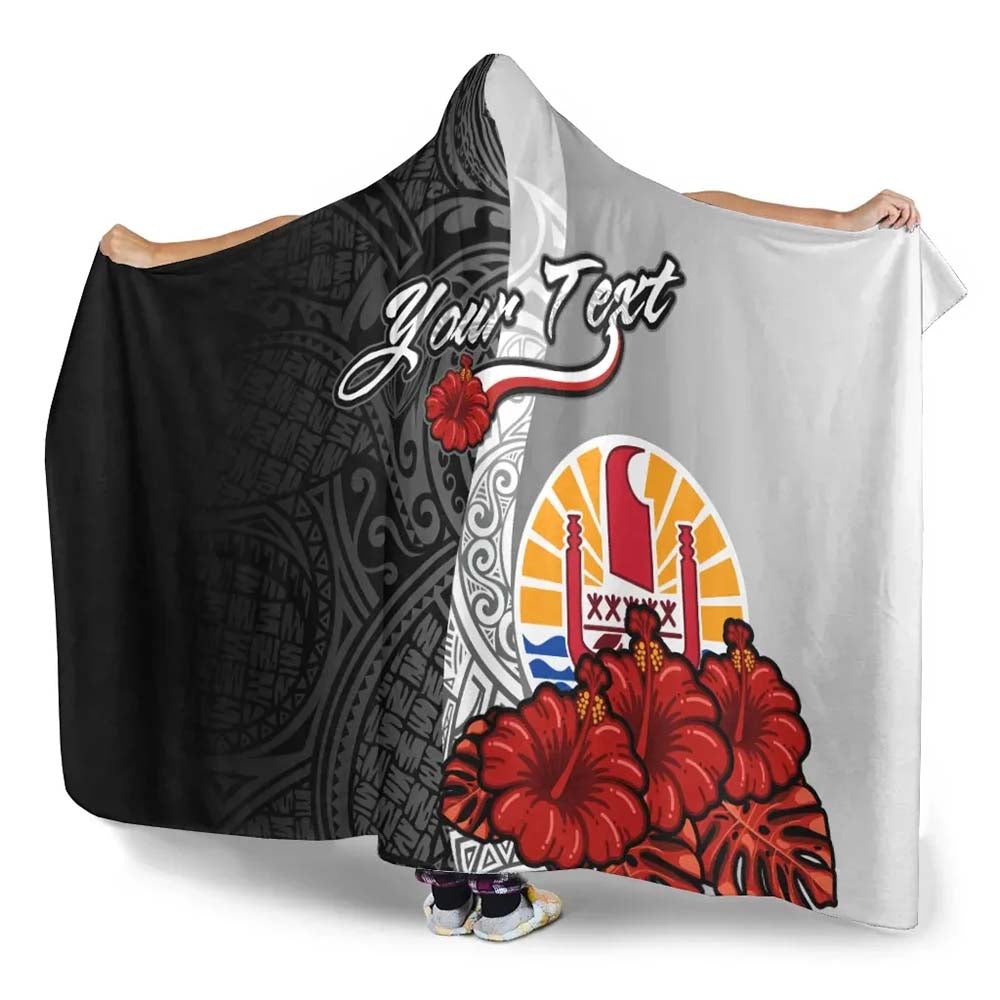 Tahiti Polynesian Custom Personalised Hooded Blanket- Coat Of Arm With Hibiscus White