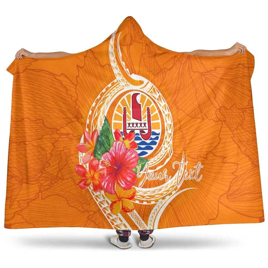 Tahiti Polynesian Custom Personalised Hooded Blanket - Orange Floral With Seal