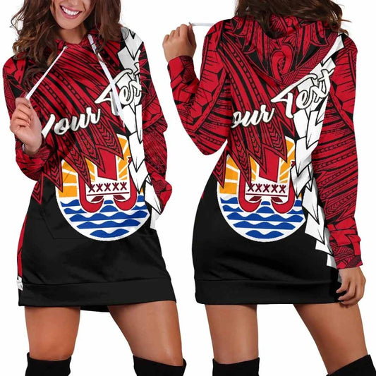 Tahiti Polynesian Custom Personalised Hoodie Dress - Tribal Wave Tattoo Flag Style