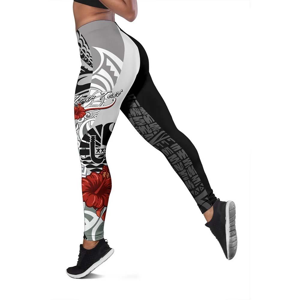 Tahiti Polynesian Custom Personalised Legging  - Coat Of Arm With Hibiscus White