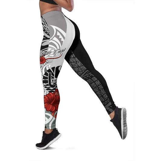 Tahiti Polynesian Custom Personalised Legging  - Coat Of Arm With Hibiscus White