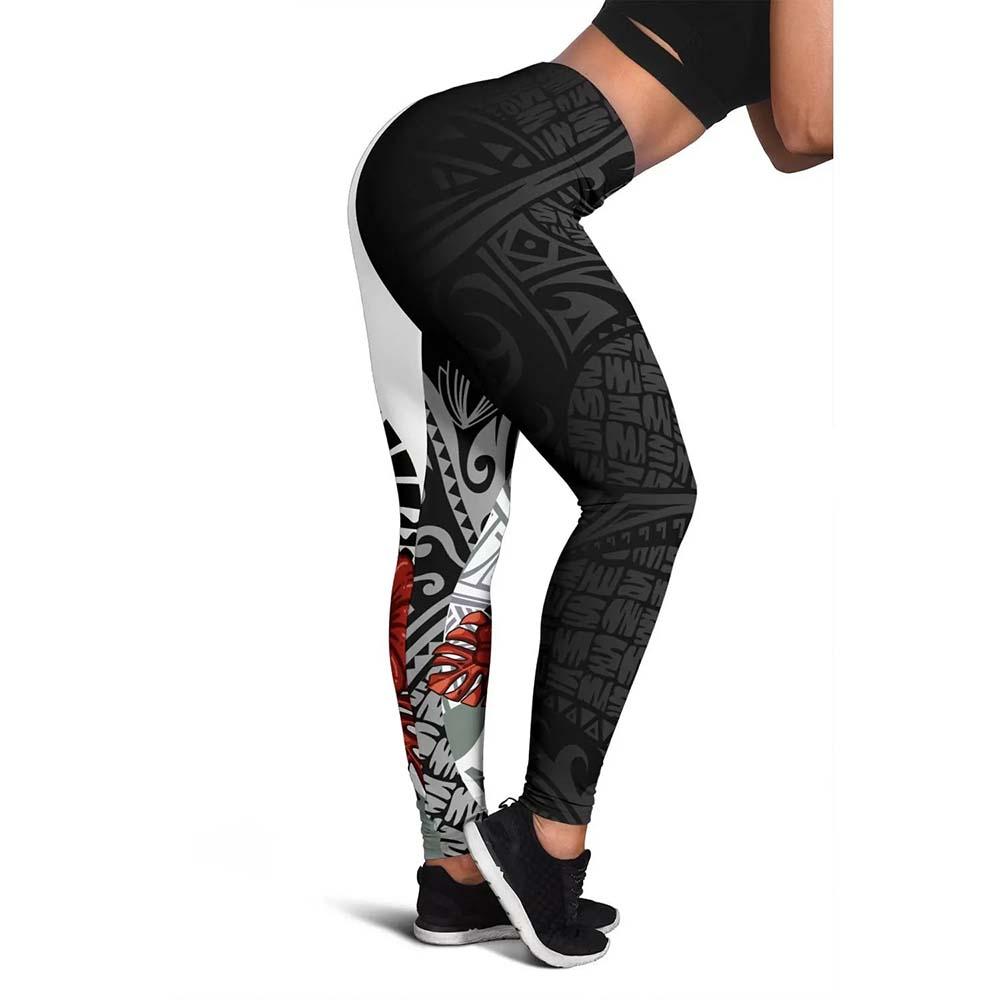Tahiti Polynesian Custom Personalised Legging  - Coat Of Arm With Hibiscus White