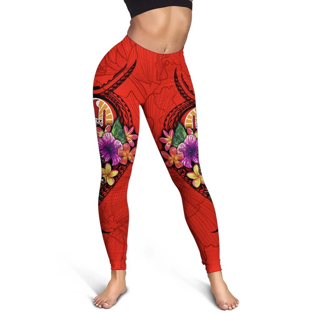 Tahiti Polynesian Custom Personalised Legging - Floral With Seal Red