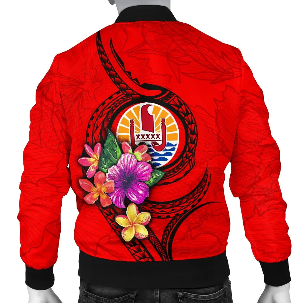 Tahiti Polynesian Custom Personalised Bomber Jacket - Floral With Seal Red