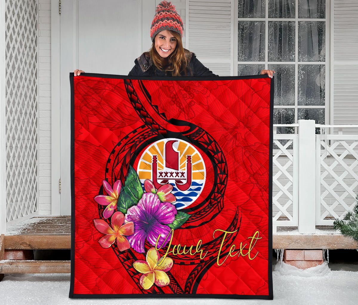 Tahiti Polynesian Custom Personalised Premium Quilt - Floral With Seal Red