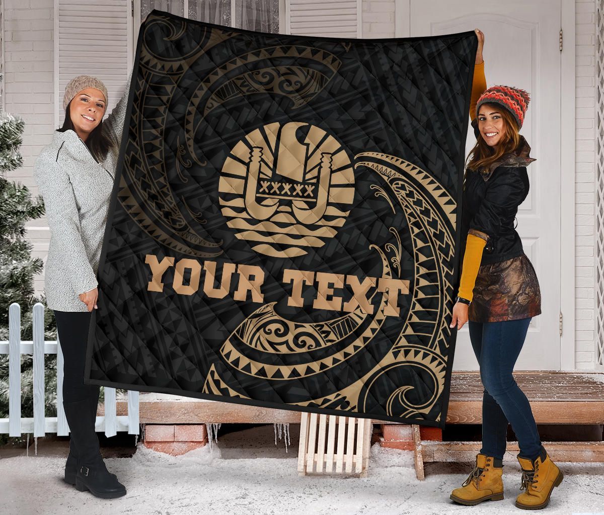 Tahiti Polynesian Custom Personalised Premium Quilt - Gold Tribal Wave